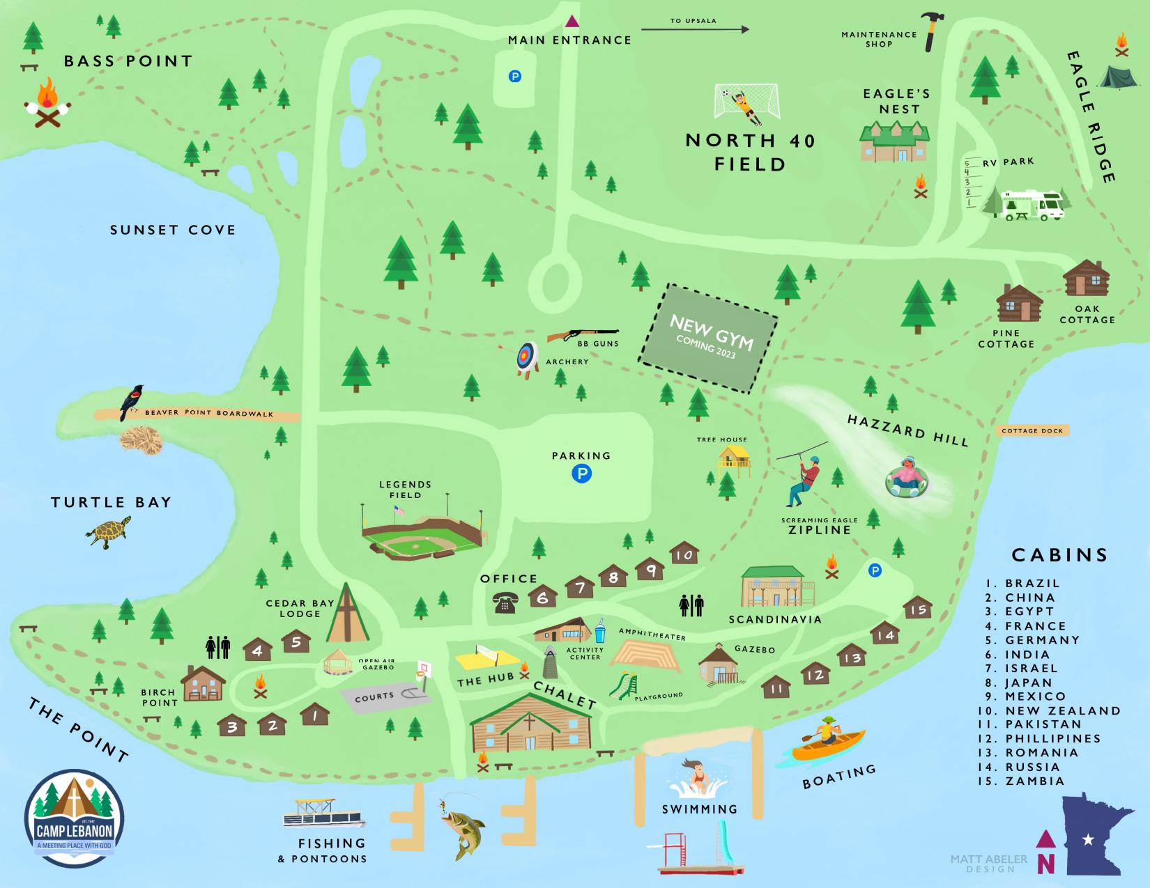 Illustrated map of Camp Lebanon showing buildings, activity areas and numbered cabins